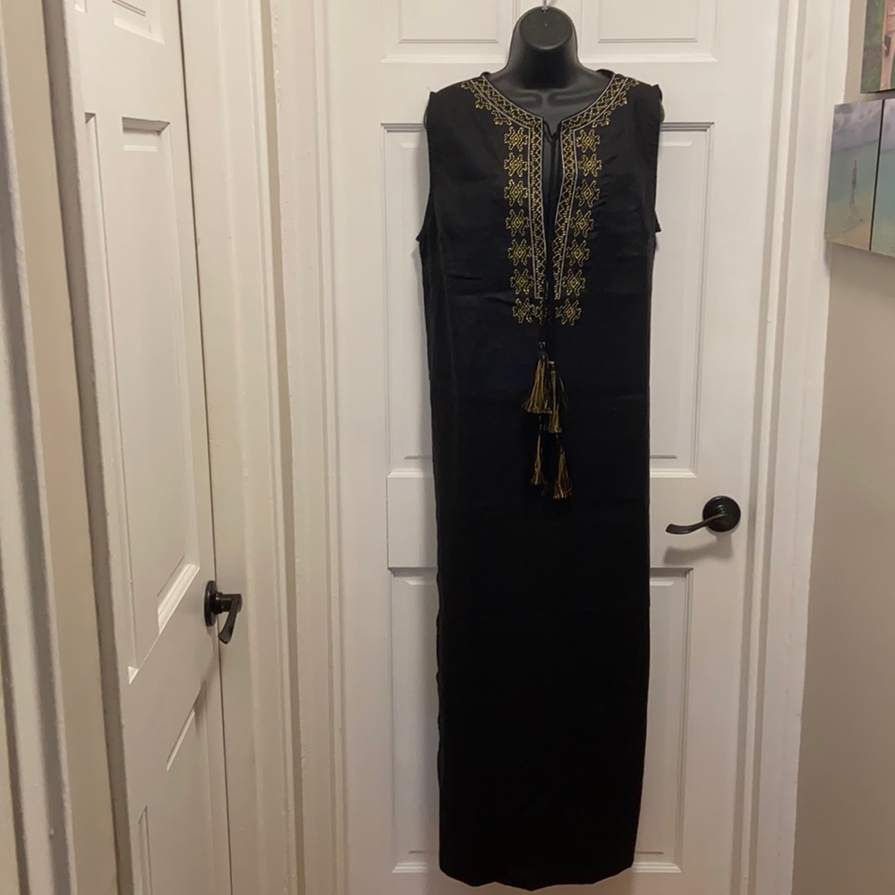 M/L Resort black long dress with gold embroidery.